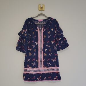 Simply Southern Dog Print Dress Small Navy Blue Pink Rickrack Tassels Ruffles
